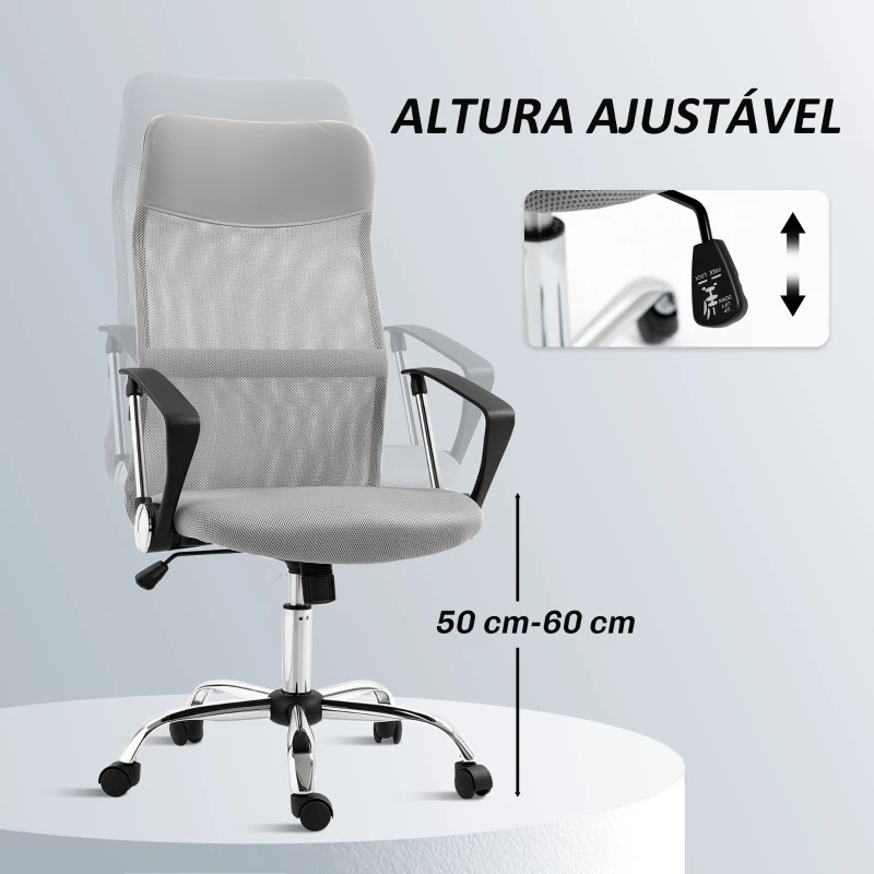 HOMCOM Cadeira de Escritório de Tecido de Malha Encosto para a Cabeça de PU Mecanismo de Inclinação 63x65x109-119 cm Cinza