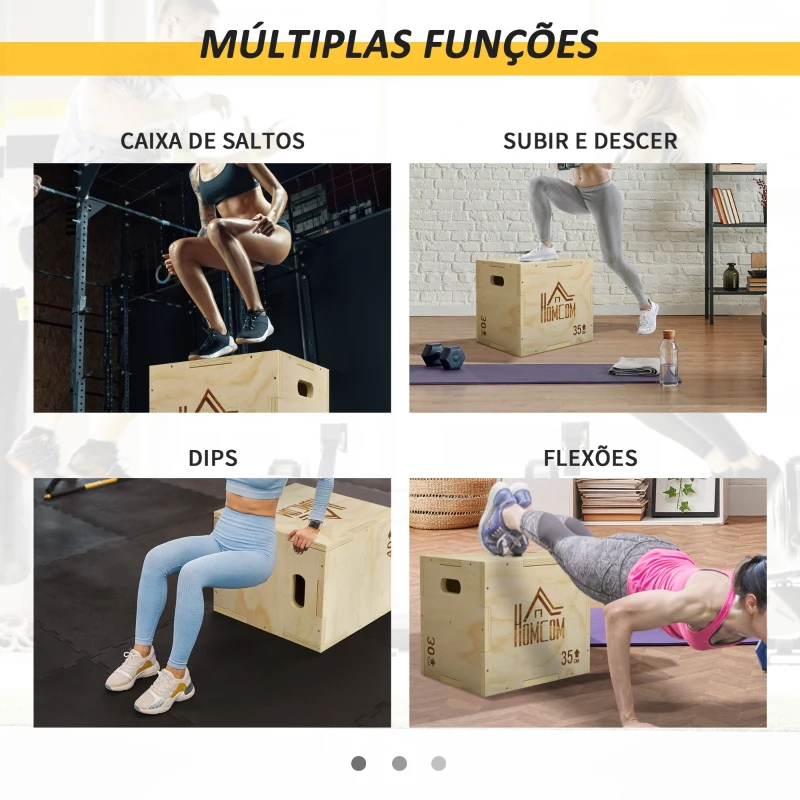HOMCOM Caixa Pliométrica de Madeira 3 em 1 Plataforma de Caixa Pliométrica com 3 Alturas Diferentes 2 Pegas Treino de Salto Força 40,5x35,5x30,5 cm Madeira