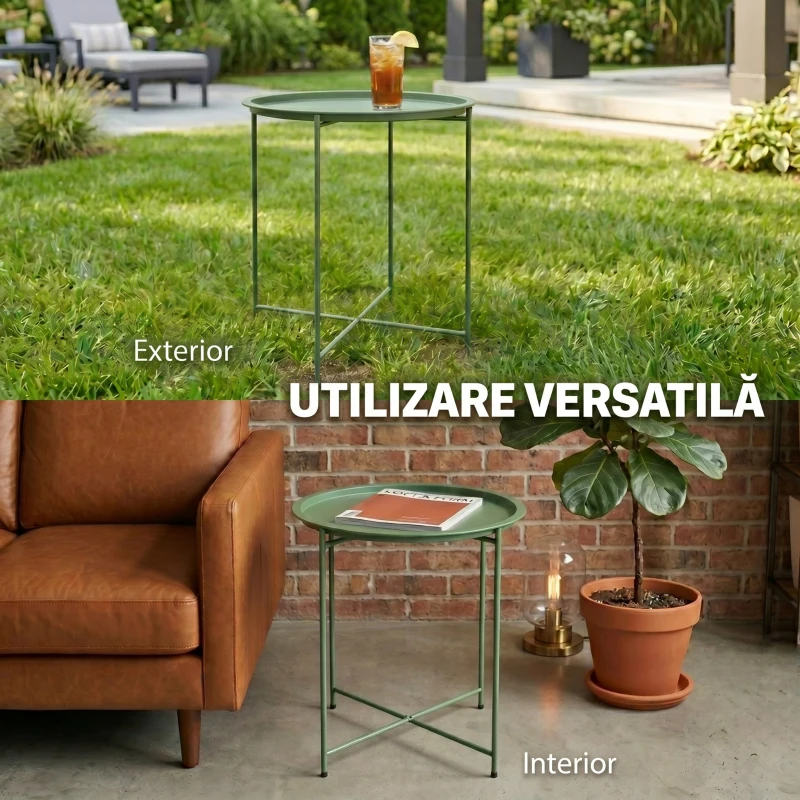 Outsunny Masă de grădină cu tavă detașabilă și picioare pliabile din oțel, Ø46x50 cm, verde