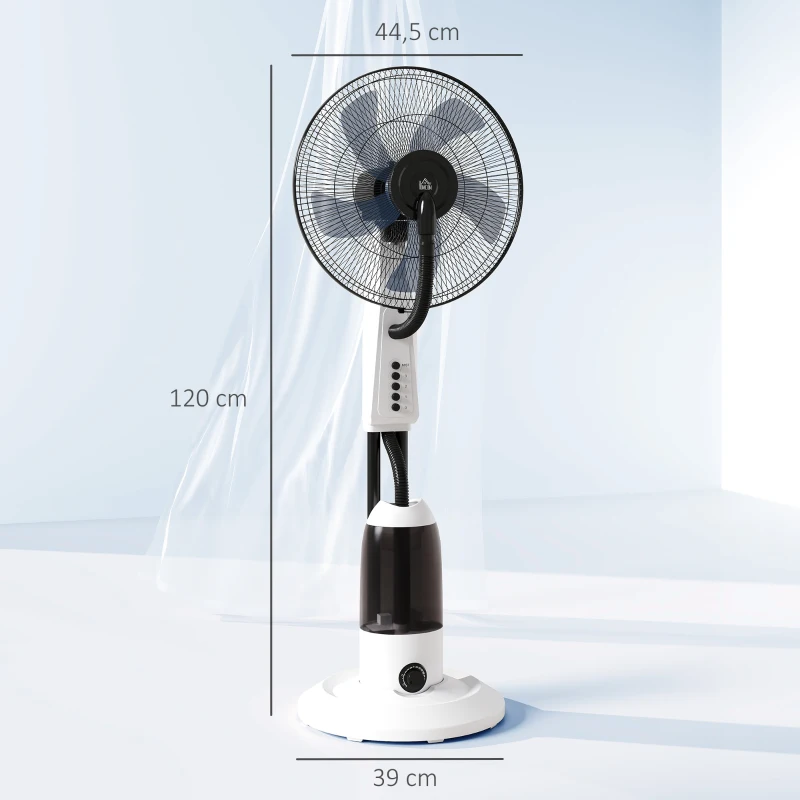 HOMCOM Ventoinha de Pé com Nebulizador Oscilante 3 Velocidades e 5 Lâminas Potência 90W Depósito 2,8L  Ø44,5x120cm Preto