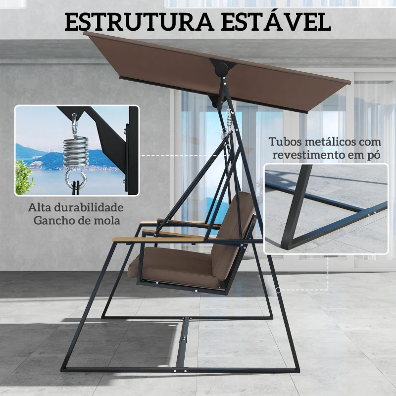 Outsunny Baloiço de Jardim de 3 Lugares com Teto Ajustável UPF50+ 2 Bandejas Almofadas e Estrutura em Metal 222x131x175 cm Marrom