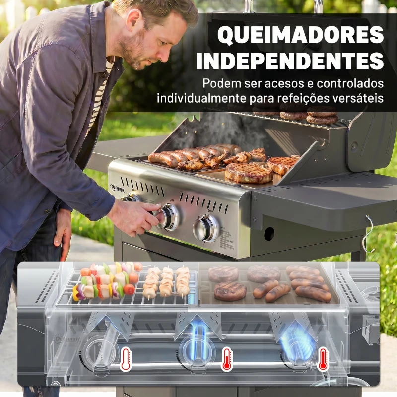 Outsunny Barbecue a Gás Portátil com 3 Queimadores 7,5 kW Termómetro Mesas Laterais Dobráveis Armário Grelha Aquecedora Chapa 125x57x110 cm Preto