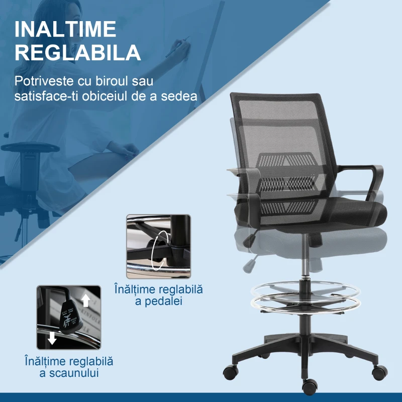 Vinsetto Scaun de Birou Reglabil din Material Textil cu Plasă și Brațe, cu Suport pentru Picioare, 64x59x104-124 cm, Negru