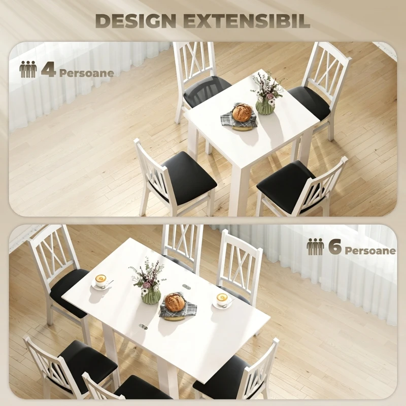 HOMCOM Masă de Dining Extensibilă pentru 4-6 Persoane din PAL și Oțel, 140 x 80 x 77,5 cm, Alb cu Efect de Lemn
