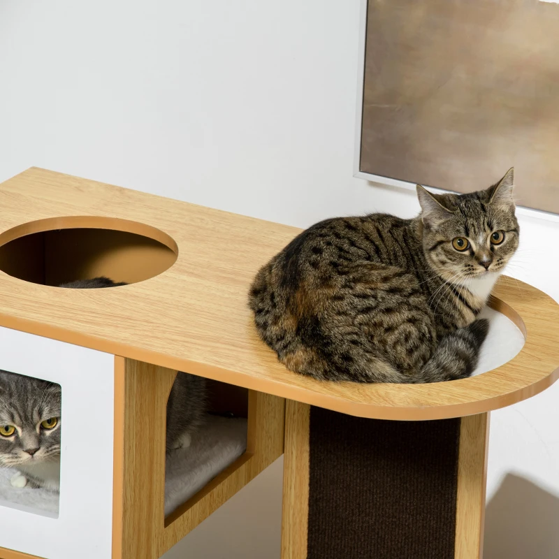 PawHut Casa para Gatos com 3 Casas de Madeira Almofadas Laváveis Placa de Arranhar e Rede 76x37x92,5cm Carvalho