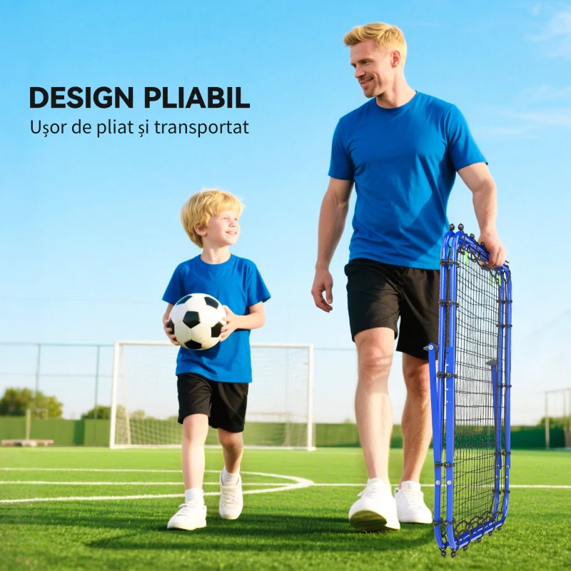 HOMCOM Plasă de Fotbal Rebounder Pliabilă din PE și Metal cu Unghi Reglabil și Țepușe, 100x95x90 cm, Albastru