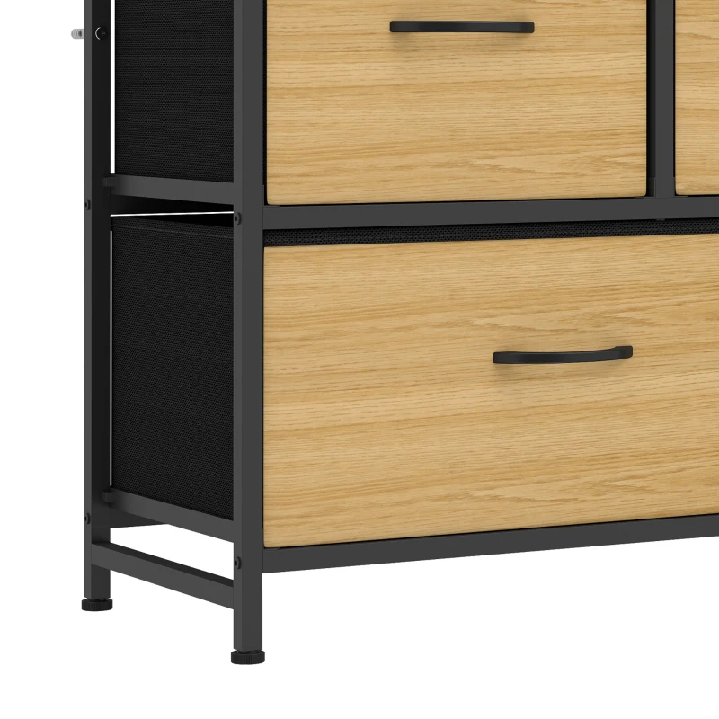 HOMCOM Commode, meuble de rangement avec 5 tiroirs en tissu pliables, plateau et cadre en acier, 98 x 29 x 63 cm, chêne