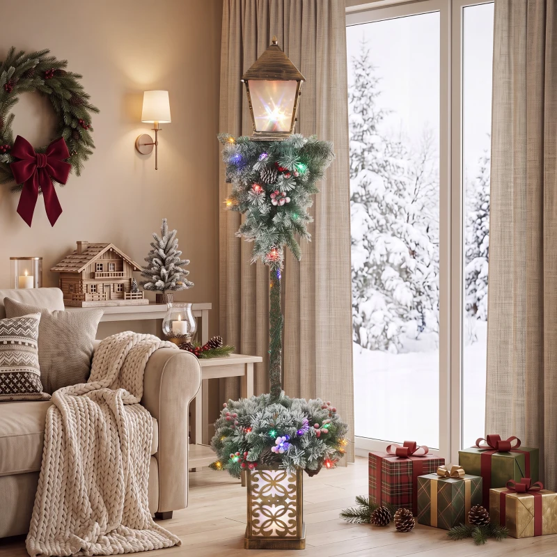 Outsunny Lanterne de rue de Noël pour extérieur avec lumières LED, pointes enneigées, baies rouges et pommes de pin