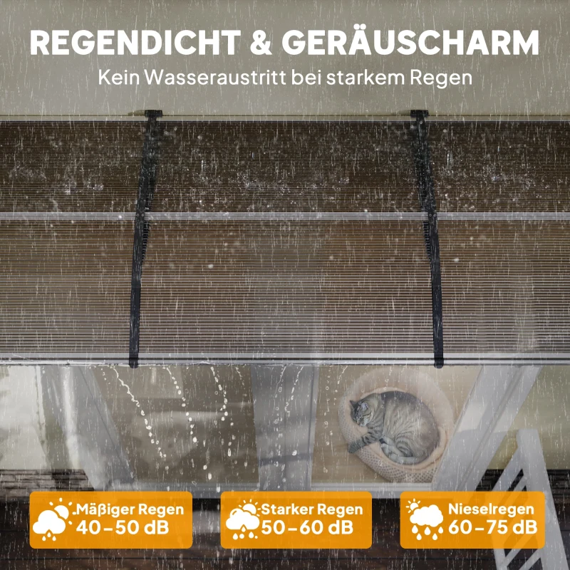 Outsunny Vordach für Haustür/Fenster, wetterfest, Braun, Aluminium-Verbindungstangen/Polycarbonat, 303x96x27cm, Schwarz