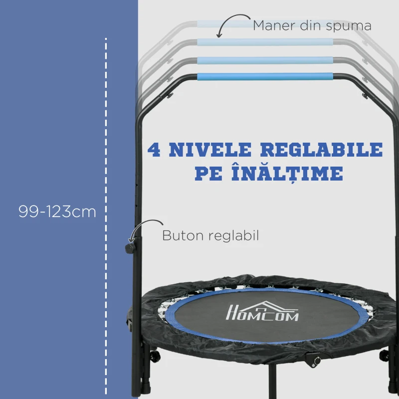 HOMCOM Mini Trambulină Fitness Ø102 cm Pliabilă cu Mâner Reglabil pe Înălțime, Albastră