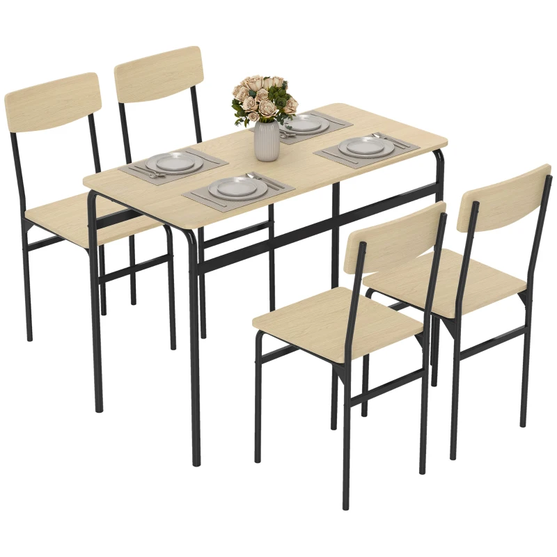 HOMCOM Set de Dining cu 5 Piese, Masă Dreptunghiulară și 4 Scaune, din Lemn și Metal, Negru și Lemn