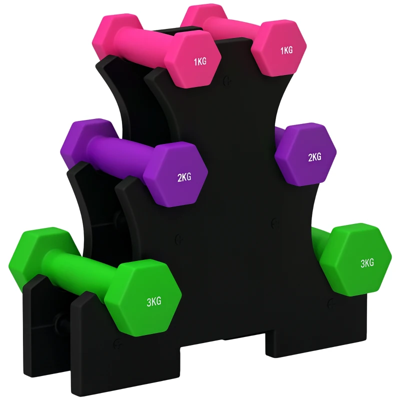 SPORTNOW Set de gantere cu suport, 6 gantere în total 2x1 kg, 2x2 kg, 2x3 kg, multicolor