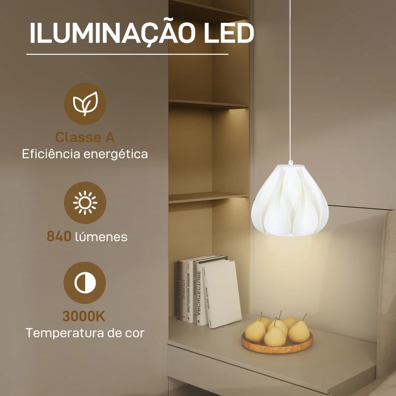 HOMCOM Candeeiro Suspensoo Moderno Candeeiro de Teto com Ecrã de Impressão 3D Iluminação para Sala de Jantar Ø20,5x17,5 cm Branco