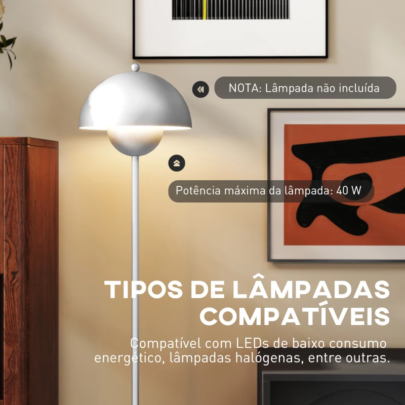 HOMCOM Candeeiro de Pé Moderno com Ecrã em Forma de Taça Refletora de Luz Interruptor de Pé Suporte E27 sem Lâmpada Ø35x155 cm Prata