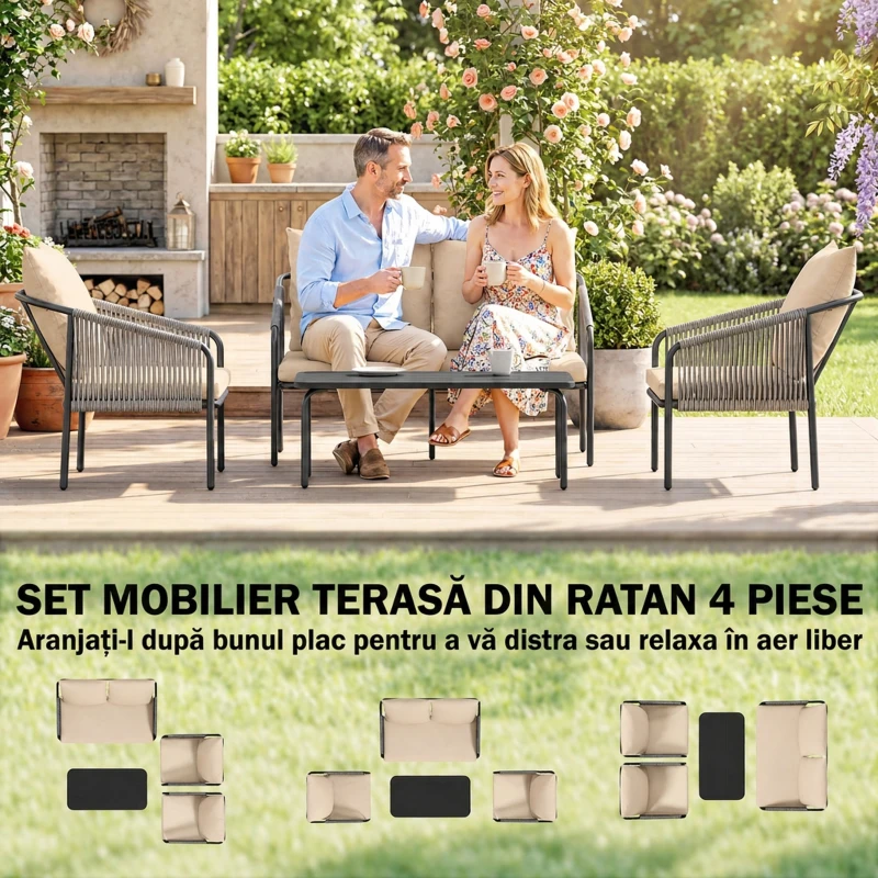 Outsunny Set Grădină Ratan 4 Piese, Canapea 2 Locuri, 2 Fotolii, Măsuță Metal, Cadru Oțel, Bej Gri Deschis