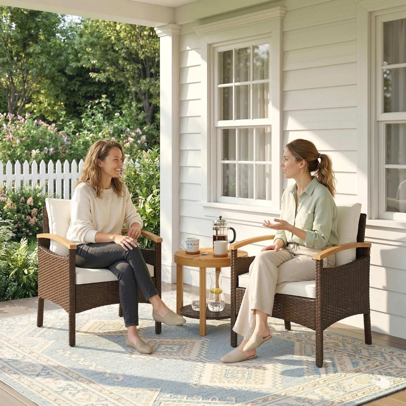 Outsunny Rattan Bistroset 3 teiliges FSC Gartenmöbel-Set mit 2 Sessel, 2-Ebene Holz-Tisch, dicke waschbare Kissen