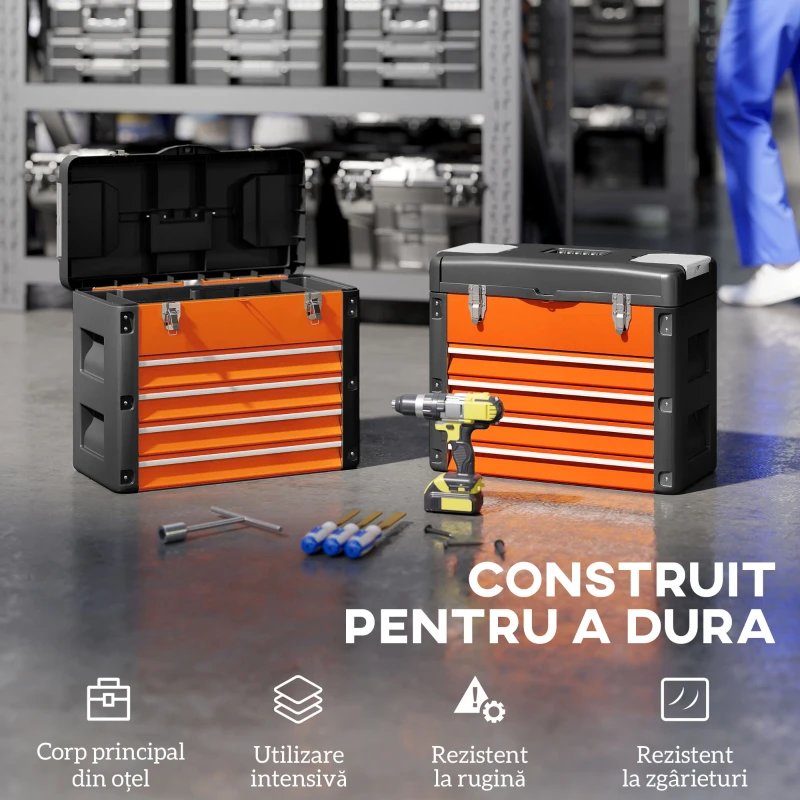 HOMCOM Cutie pentru Scule cu 4 Sertare și Compartiment Superior din Oțel și Plastic, Portocaliu și Negru
