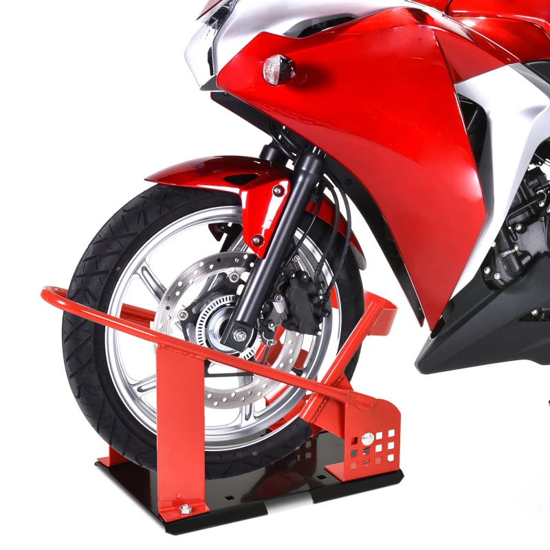 HOMCOM Stojak motocyklowy do przedniego koła 80–155 mm, regulowana podstawka z 12 ustawieniami i nawierconymi otworami, do 450 kg
