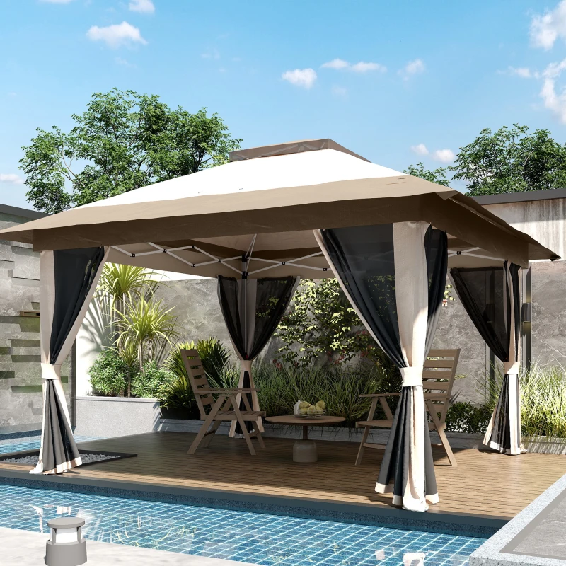 Outsunny Tenda Dobrável 3,6x3,6 m com Laterais de Rede UPF50+ Altura Ajustável Bolsa com Rodas e Sacos de Areia Bege