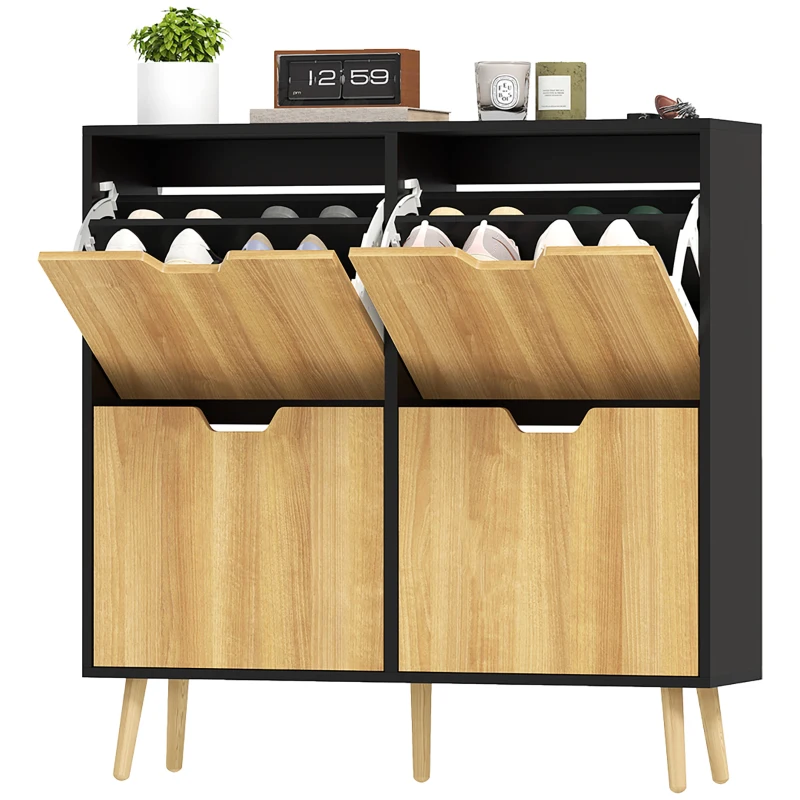 HOMCOM Sapateira para 16 Pares de Sapatos com 4 Gavetas e Prateleiras Ajustáveis 95x26x95 cm Madeira e Preto