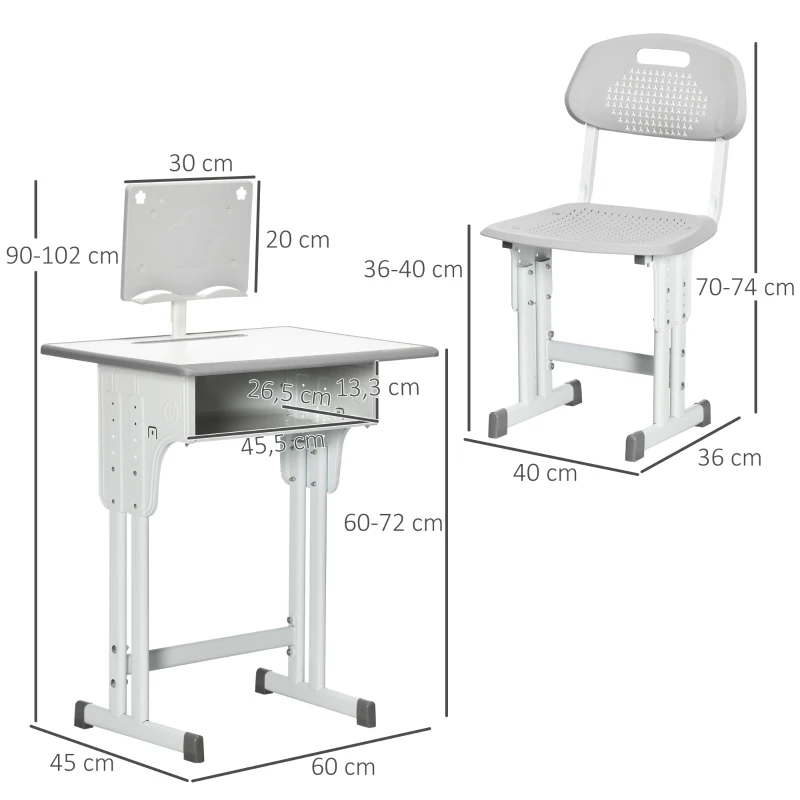 HOMCOM Conjunto de Secretária e Cadeira para Crianças com Altura Ajustável 1 Gaveta e 1 Prateleira para Livros 60x45x90-120 cm Cinza