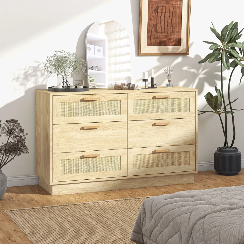 HOMCOM Comodă cu 6 sertare stil boho pentru dormitor și hol, din lemn și ratan, 110x40x69 cm, stejar