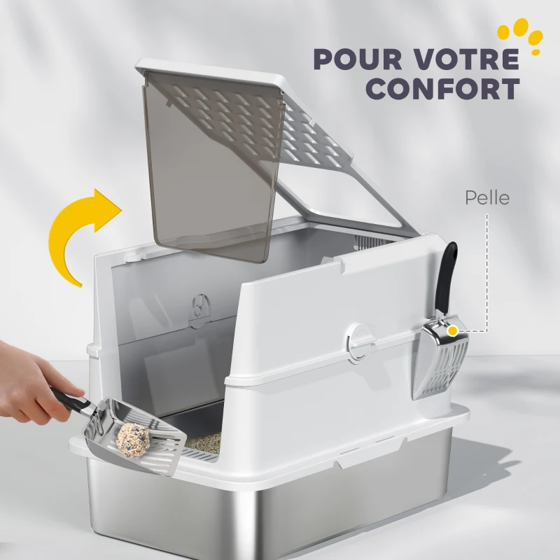 PawHut Bac à litière pour chat fermé, maison de toilette pour chat en acier inoxydable, 60,2 x 40,2 x 43,7 cm, gris clair