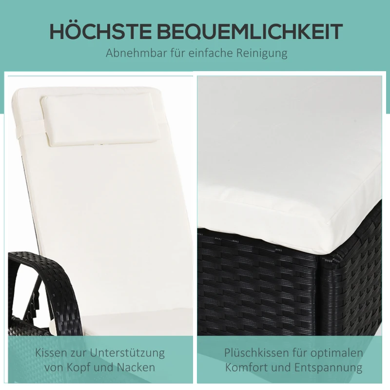 Outsunny Gartenliege mit Auflage, verstellbare Rückenlehne, Metallgestell, Polyrattan, schwarz+creme, 200 x 73 x 103 cm
