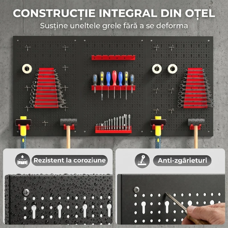 HOMCOM Set de 28 Panouri Perforate pentru Perete cu Cârlige și Suporturi, Negru și Roșu
