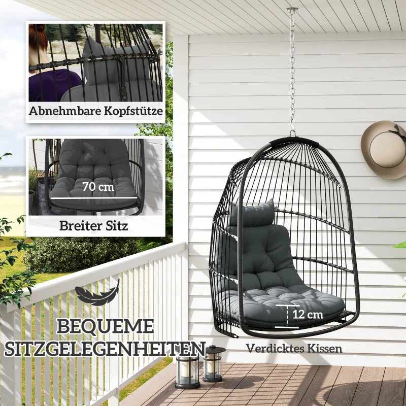 Outsunny Hängesessel Hängekorb mit Kissen Polyrattan Schaukel Outdoor Indoor faltbar belastbar bis 150kg Dunkelgrau
