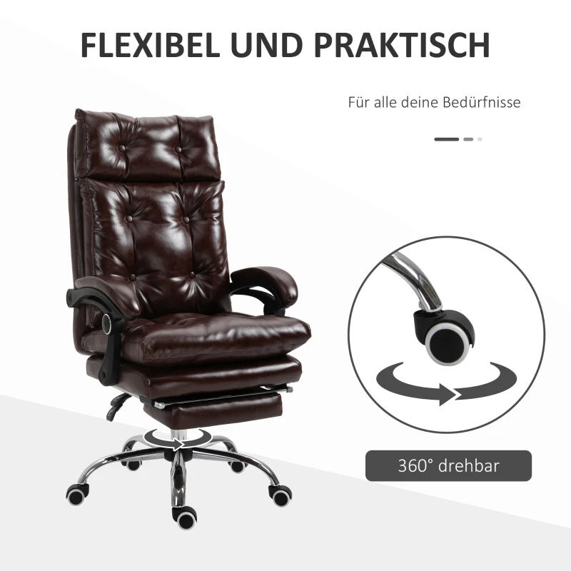 Vinsetto Bürostuhl ergonomischer Bürostuhl mit höhenverstellbarer Sitzhöhe, neigbarer Rückenlehne, ausziehbarer Fußstütze, Braun