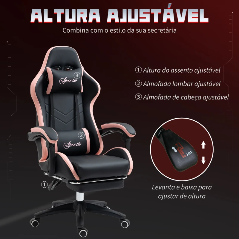 Vinsetto Cadeira Gaming de Couro PU com Altura Ajustável Reclinável 135° e Apoio para os Pés Retrátil 65x65x121-129 cm Preto