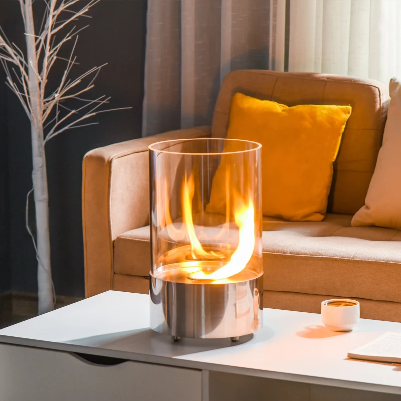 HOMCOM Biokamin Ethanol Kamin Bio Ethanol Brenner 0,4L Brenndauer kein Rauch mit Feuerlöschhaken Edelstahl gehärtetes Glas Silber 23 x 23 x 39 cm