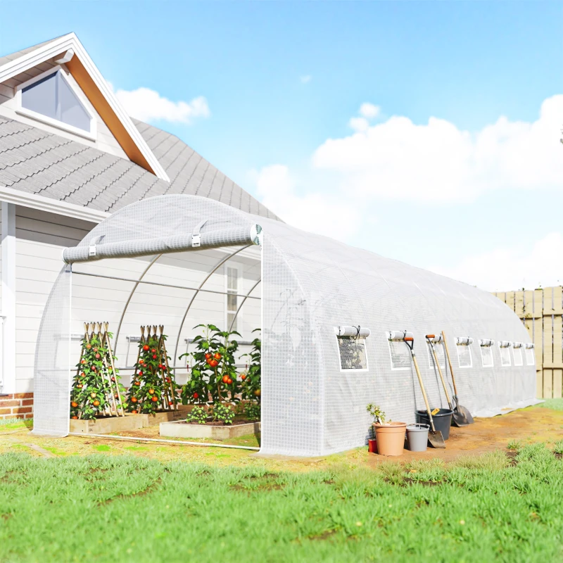 Outsunny Serre de jardin tunnel 24m² 8L x 3l x 2H m - 16 fenêtres, Porte zippée enroulable acier galvanisé, bâche PE, Blanc