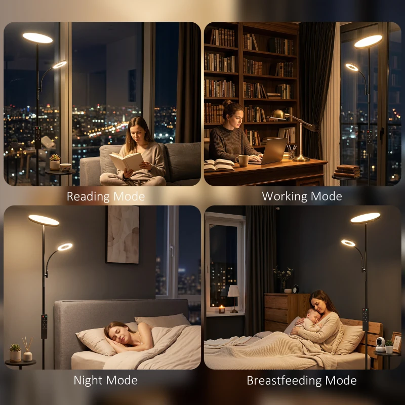 HOMCOM Lampadaire LED Dimmable 42W 4840LM Liseuse Réglable et Tablette Lampadaire sur Pied Salon 2700K-6000K Télécommande Noir