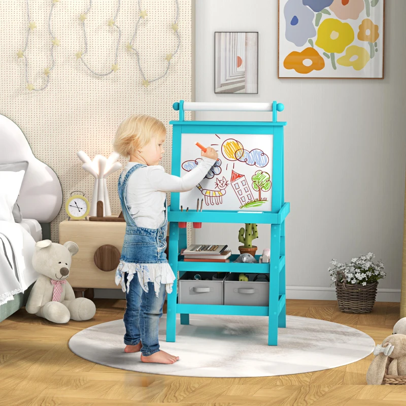AIYAPLAY Tablă pentru Copii cu Șevalet 3 în 1, Rolă de Hârtie și 2 Containere, din Lemn, 59x48x118 cm, Albastru
