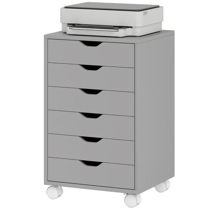HOMCOM Bloco de Gavetas Móvel Arquivador com 6 Gavetas Suporte para Impressora com Rodas 40x35x63 cm Cinzento