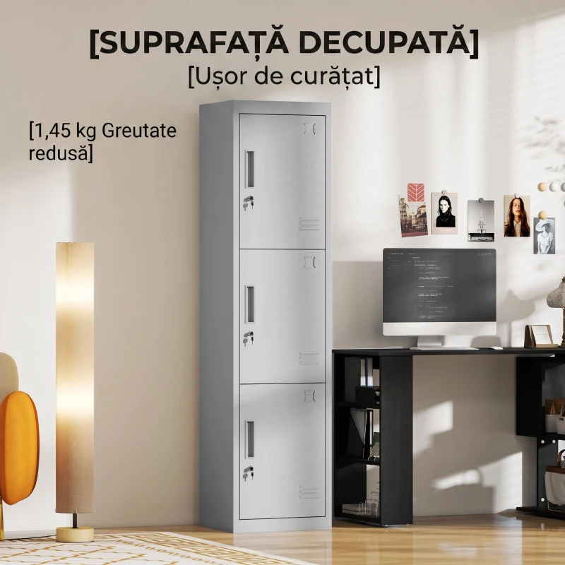 HOMCOM Dulap pentru Birou din Oțel cu 3 Uși Independente și 2 Chei, 45x38x180 cm, Gri Deschis