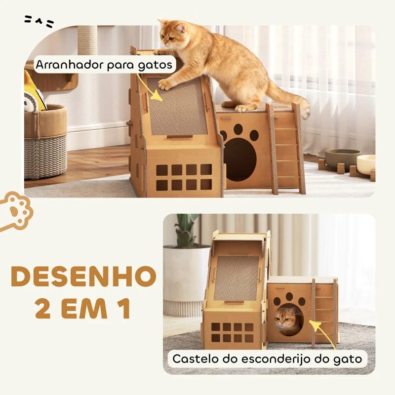 PawHut Arranhador para Gatos em Forma de Castelo 2 em 1 com 2 Áreas para Arranhar Catnip Rampa e Escada  67x66x57 cm Castanho