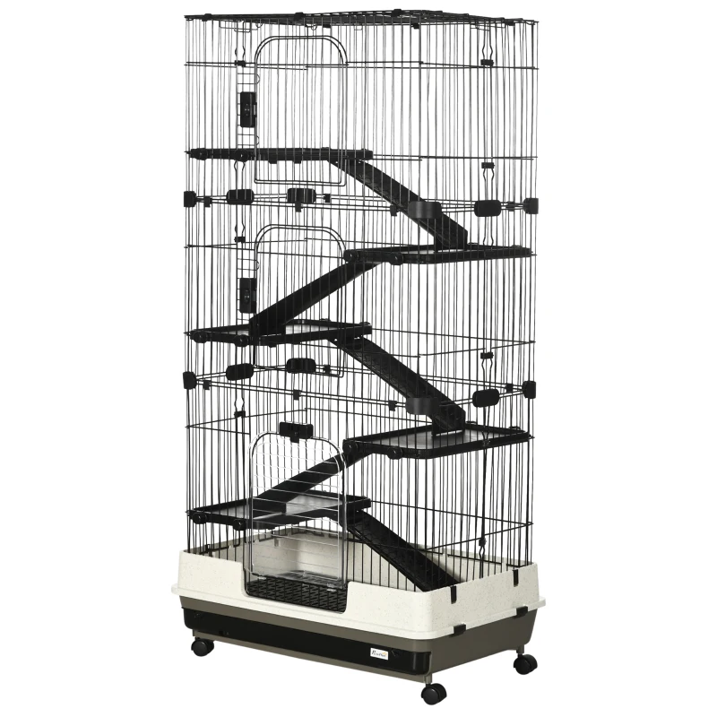 PawHut Cage pour lapin enclos à 5 niveaux avec 3 portes 5 rampes plateau amovible roulettes 81 x 52,5 x 159 cm noir et gris