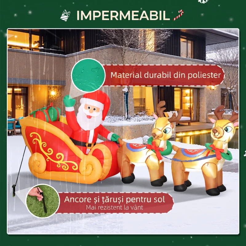 Outsunny Moș Crăciun Gonflabil cu Sanie și Reni de 2.4m cu 6 Lămpi LED și Sistem de Umflare pentru Exterior și Interior