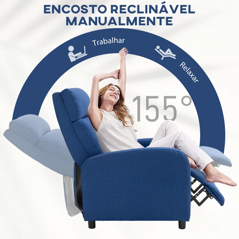 HOMCOM Poltrona Relax Reclinável até 155° Poltrona Reclinável Manual para Pessoas com Altura Inferior 195 cm 67x87x98 cm Azul Escuro