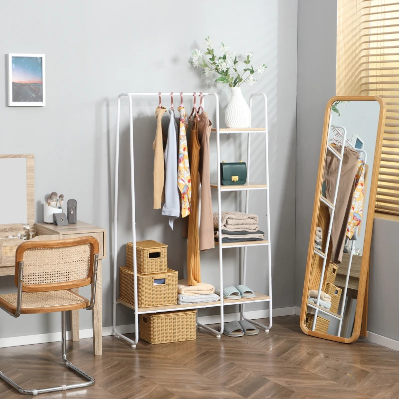 HOMCOM Suporte para Cabides com 4 Prateleiras de Armazenamento e Barra de Pendurar Estilo Industrial 101x39x160cm Madeira e Branco