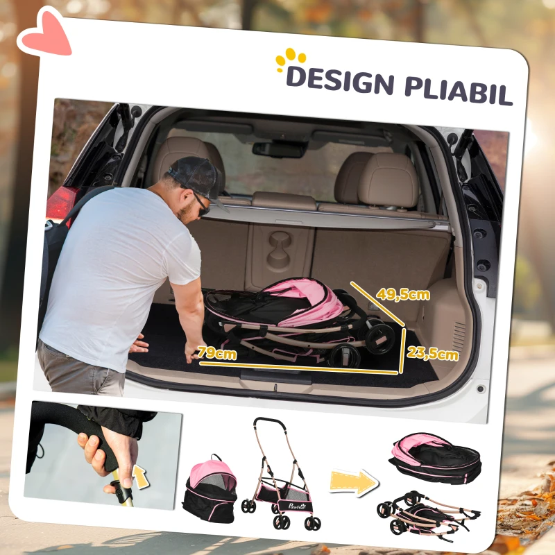 PawHut Cărucior pentru câini 2 în 1, pliabil și convertibil în cușcă de transport, cu 2 lese și pernă, roz