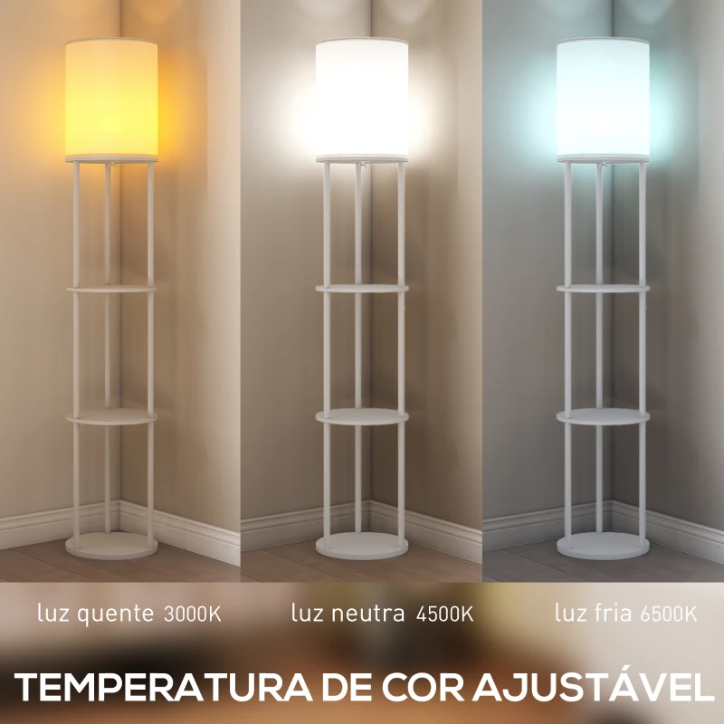 HOMCOM Candeeiro de Pé com Prateleiras 3 Temperaturas de Cor Controlo Remoto e Casquilho E27 Ø29x158 cm Branco