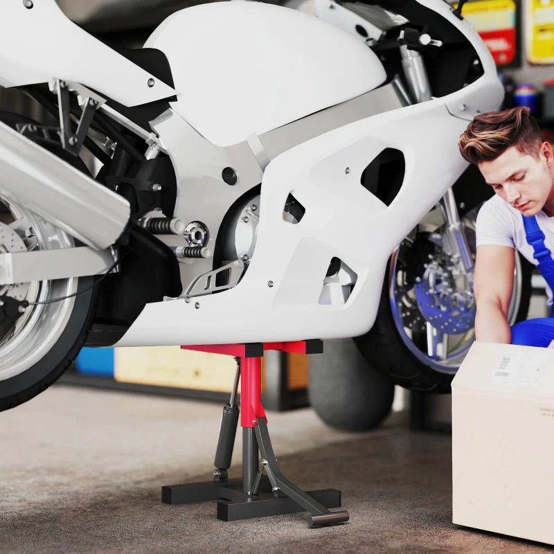 HOMCOM Stand pentru motocicletă din oțel, capacitate 150 kg, înălțime reglabilă și suprafață antiderapantă, roșu