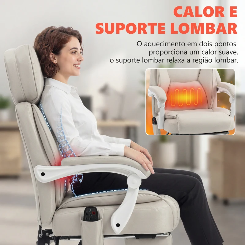 HOMCOM Cadeira de Escritório Reclinável com Massagem Vibratória de 6 Pontos Aquecimento Lombar Apoio de Cabeça Ajustável Apoio para os Pés Creme