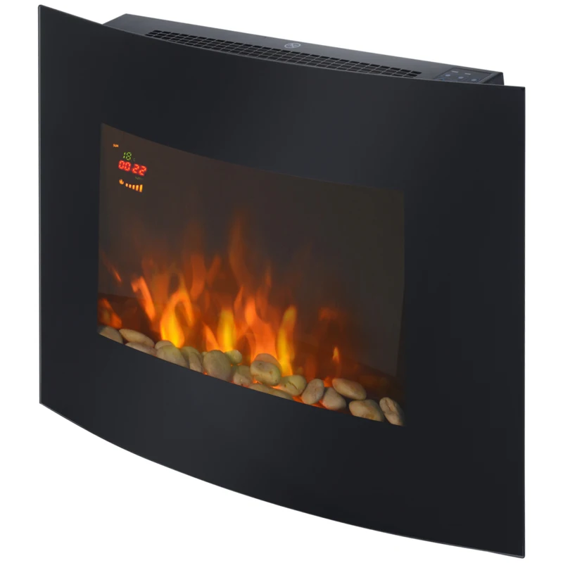 HOMCOM Șemineu Electric de Perete cu 2 Nivele de Încălzire 900-1800W, Flacără 7 Culori Reglabile și Telecomandă, Negru