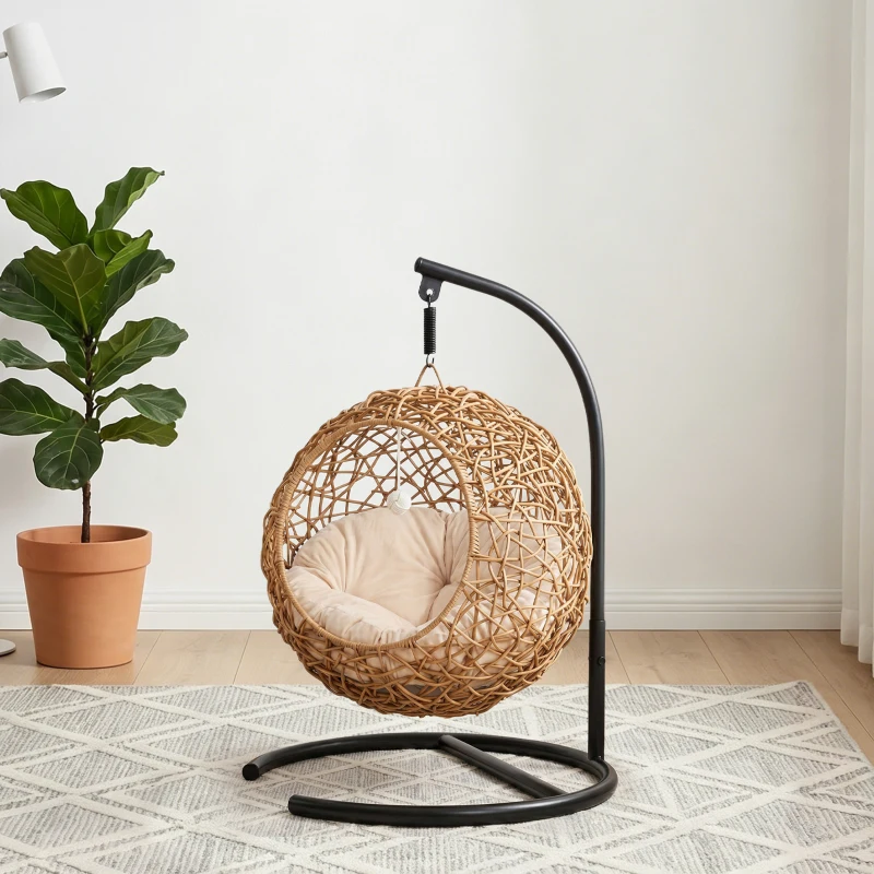 PawHut Katzenbett Rattan Katzenhöhle mit Waschbarem Kissen und Spielball, für Katzen bis 10 kg, 45 x 41 x 75 cm, Hellbraun