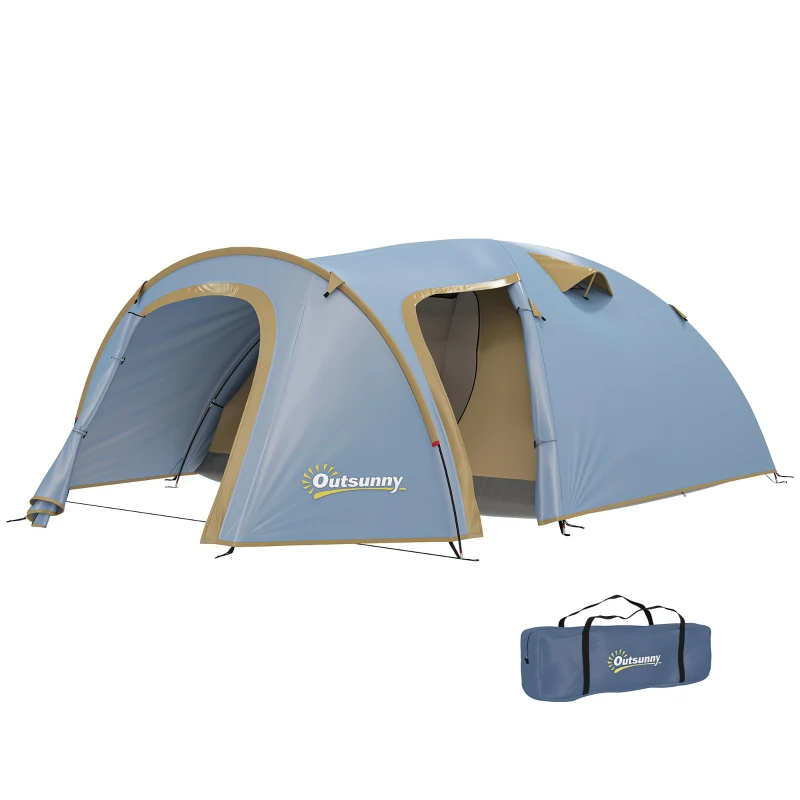 Outsunny Campingzelt für 4 Personen, wasserdicht Tunnelzelt mit 2 Türen Haken Packtasche 3,45 x 2,4 x 1,3 m Hellblau